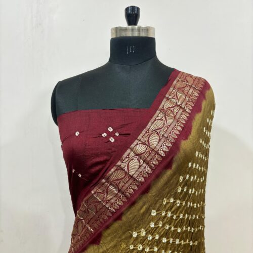 Banarasi Pure Chiniya Chunri Work Mehndi & Mahroon Shade Saree