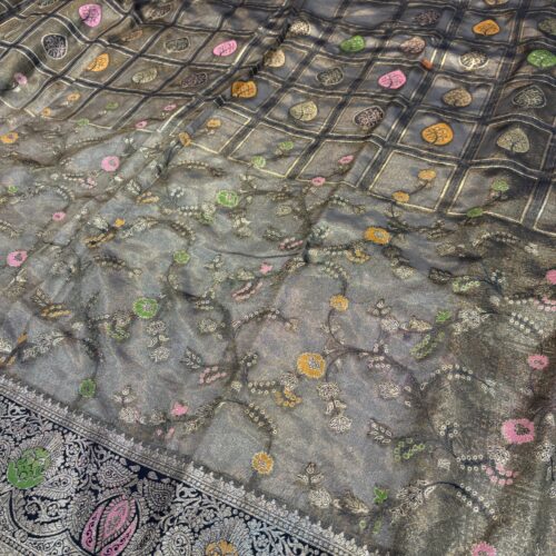 Black Shade Jaal Pattern Tissue Silk Saree