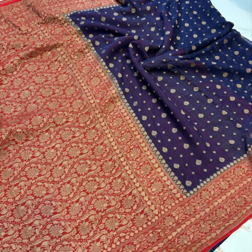 Navy Blue Shade Pure Chiffon Khaddi Silk Saree - Image 2