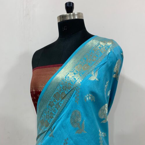 Rama Shade Boota Design Pure Dupian Silk Saree - Image 3