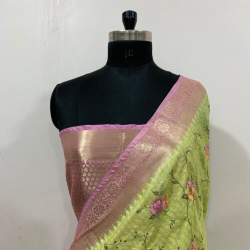 Banarasi Pista Shade Embroidery Work Check Design  Art Silk Saree