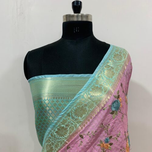 Banarasi Pink Shade Embroidery Work Check Design  Art Silk Saree
