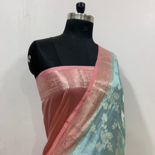 Sea Green Shade Jaal Design Pure Dupian Silk Saree - Image 2