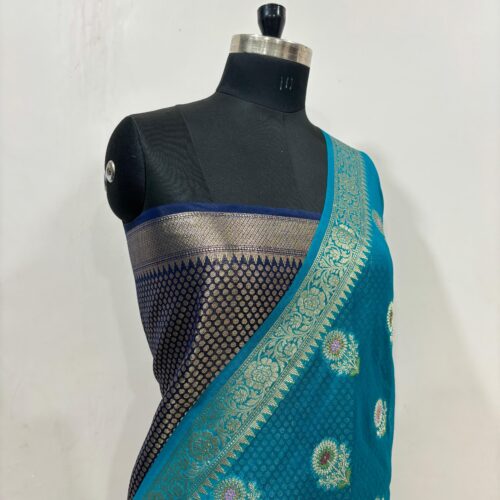 Booti Pattern Semi Georgette Silk Saree in Sapphire Shade - Image 2