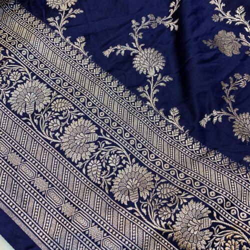 Navy Blue Shade Jaal Design Mashru Silk Saree - Image 2