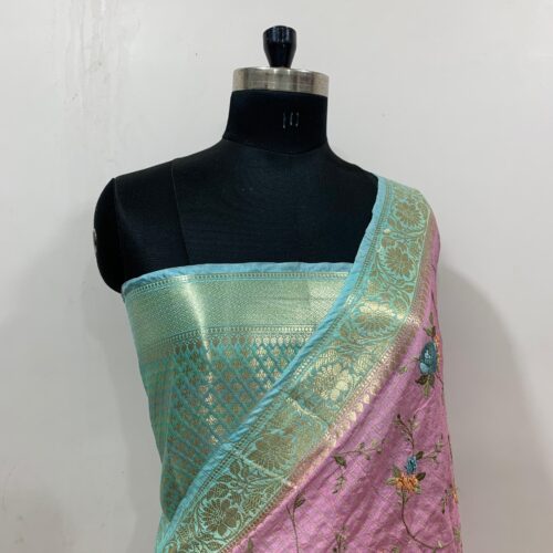 Banarasi Pink Shade Embroidery Work Check Design  Art Silk Saree - Image 2