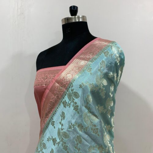 Sea Green Shade Jaal Design Pure Dupian Silk Saree - Image 3