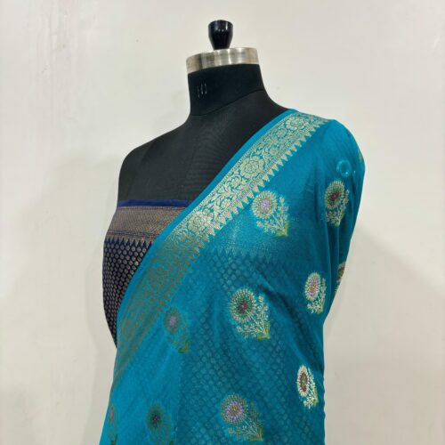 Booti Pattern Semi Georgette Silk Saree in Sapphire Shade - Image 3