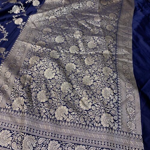 Navy Blue Shade Jaal Design Mashru Silk Saree - Image 3