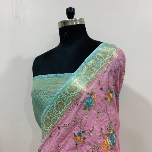 Banarasi Pink Shade Embroidery Work Check Design  Art Silk Saree - Image 3