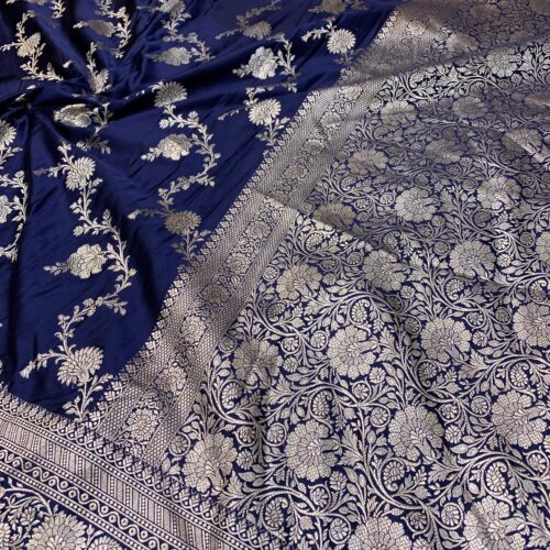 Navy Blue Shade Jaal Design Mashru Silk Saree - Image 4