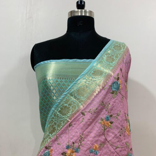 Banarasi Pink Shade Embroidery Work Check Design  Art Silk Saree - Image 4