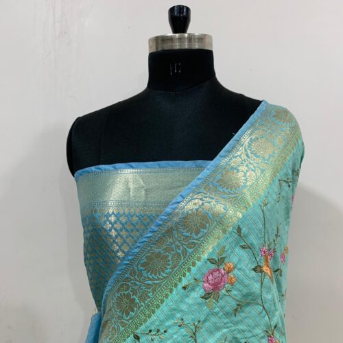 Banarasi Sea Green Shade Embroidery Work Check Design  Art Silk Saree