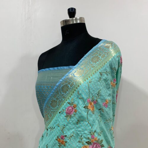 Banarasi Sea Green Shade Embroidery Work Check Design  Art Silk Saree - Image 2