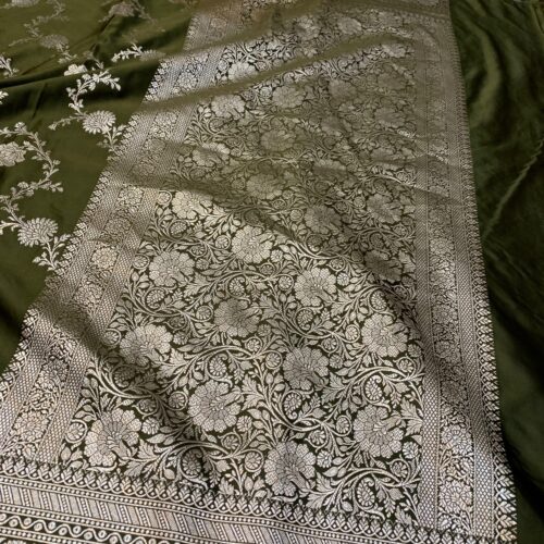 Mehdi Shade Jaal Design Mashru Silk Saree - Image 3