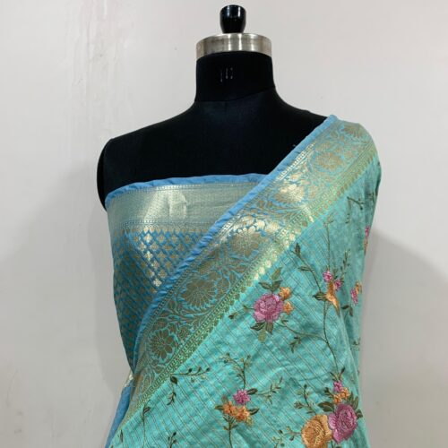 Banarasi Sea Green Shade Embroidery Work Check Design  Art Silk Saree - Image 3