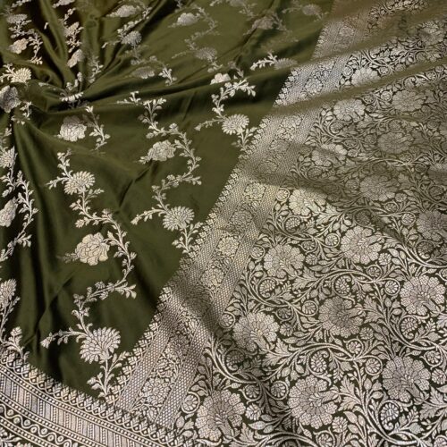 Mehdi Shade Jaal Design Mashru Silk Saree - Image 4