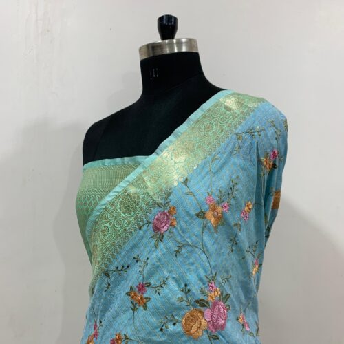 Banarasi Sky Blue Shade Embroidery Work Check Design  Art Silk Saree - Image 2