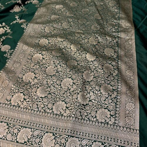 Bottle Green Shade Jaal Design Mashru Silk Saree - Image 3