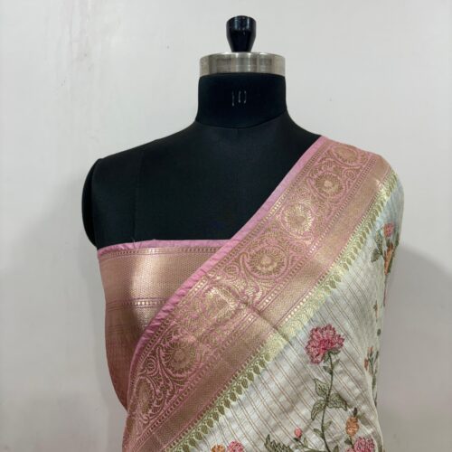 Banarasi Cream Shade Embroidery Work Check Design  Art Silk Saree