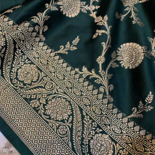Bottle Green Shade Jaal Design Mashru Silk Saree - Image 2