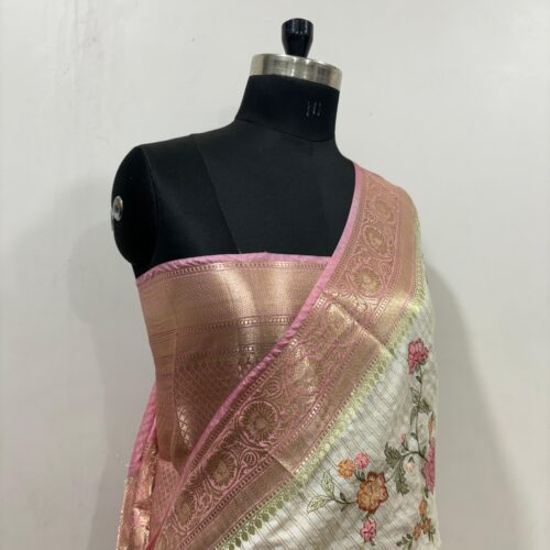 Banarasi Cream Shade Embroidery Work Check Design  Art Silk Saree - Image 2