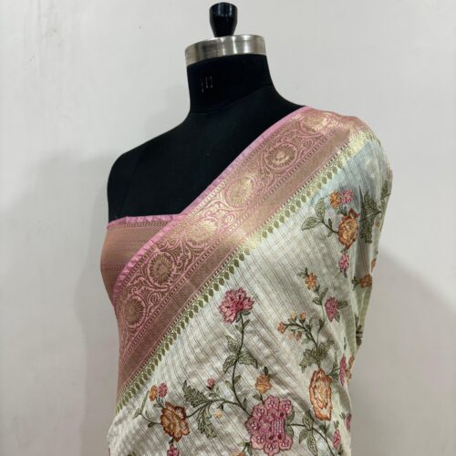 Banarasi Cream Shade Embroidery Work Check Design  Art Silk Saree - Image 3