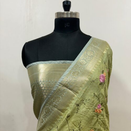 Banarasi Green Shade Embroidery Work Check Design  Art Silk Saree