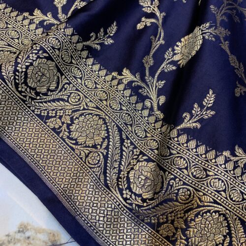 Navy Blue Shade Jaal Design Mashru Silk Saree - Image 2
