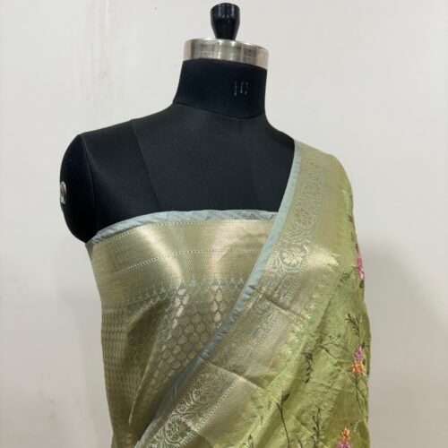Banarasi Green Shade Embroidery Work Check Design  Art Silk Saree - Image 3