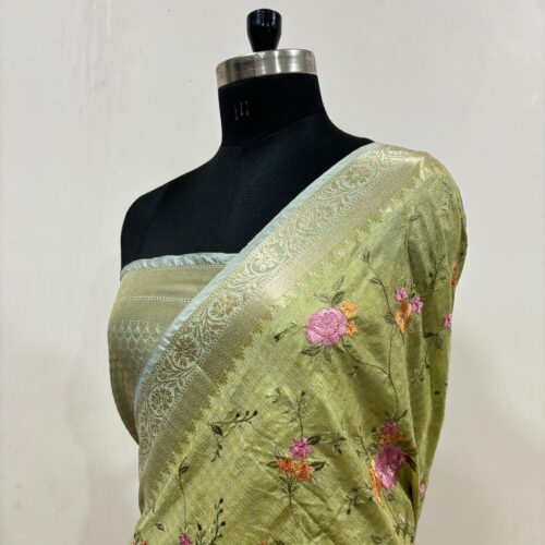Banarasi Green Shade Embroidery Work Check Design  Art Silk Saree - Image 2