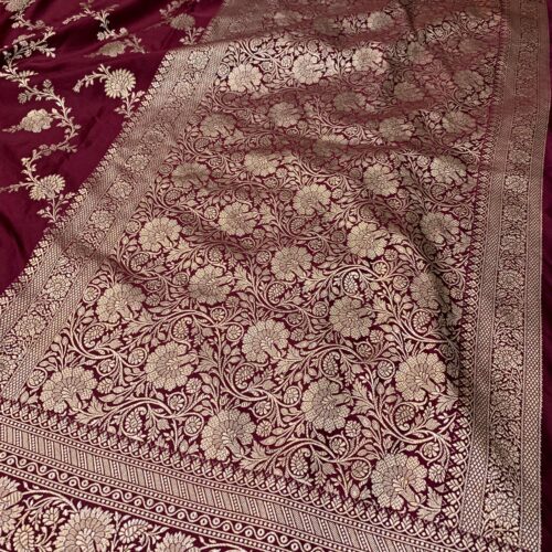 Mahroon Shade Jaal Design Mashru Silk Saree - Image 3