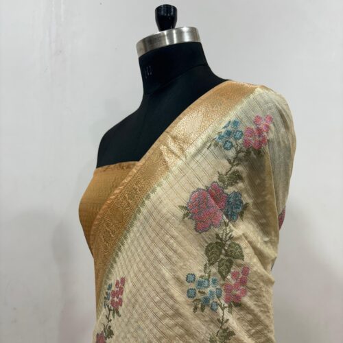 Banarasi Tussar Shade Embroidery Work Check Design  Art Silk Saree - Image 3