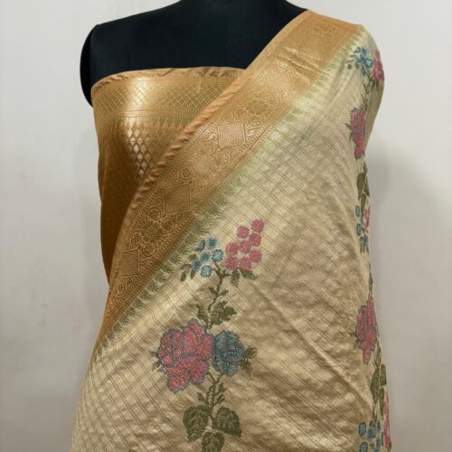 Banarasi Tussar Shade Embroidery Work Check Design  Art Silk Saree - Image 4