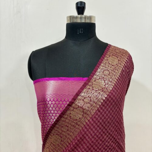 Small Check Design In Wine Color Banarasi Art Silk Saree