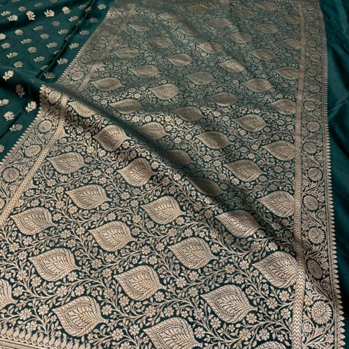 Bottle Green Shade Booti Design Mashru Silk Saree - Image 3