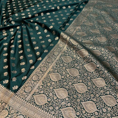 Bottle Green Shade Booti Design Mashru Silk Saree - Image 4