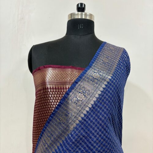 Small Check Design In Navy Blue Color Banarasi Art Silk Saree
