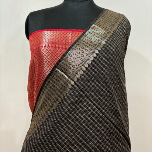 Small Check Design In Black Color Banarasi Art Silk Saree - Image 4