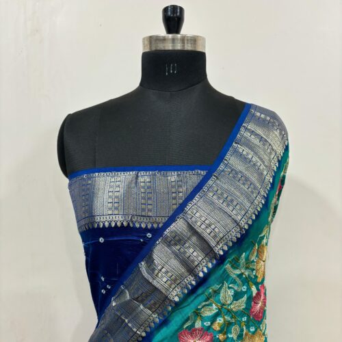 Banarasi Pure Chiniya Chunri & Embroidery Work Green & Blue Shade Saree