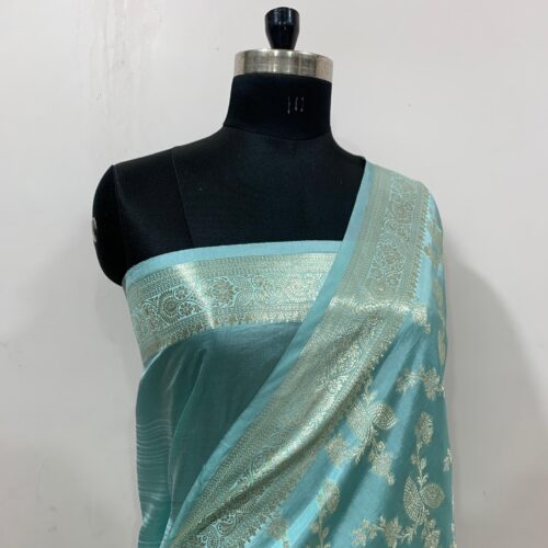 Sea Green Shade Jaal Design Pure Dupian Silk Saree - Image 2