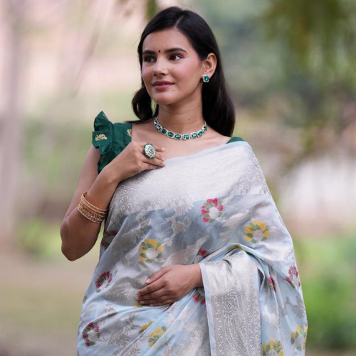 Royal Banarasi Semi-Georgette Saree with Intricate Handcrafted Motifs