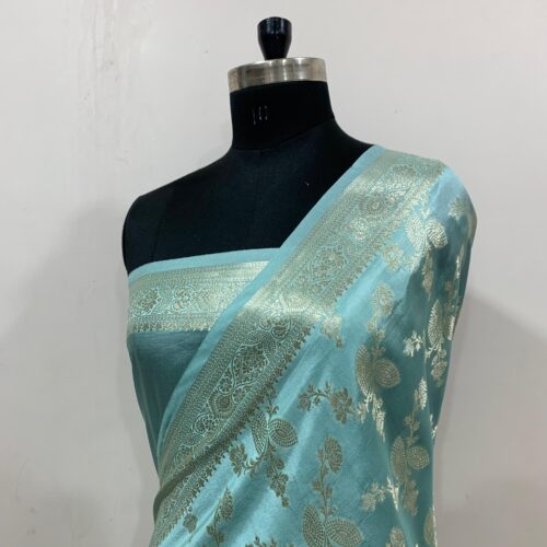 Sea Green Shade Jaal Design Pure Dupian Silk Saree - Image 3