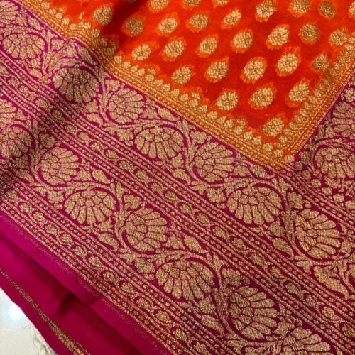 Orange Shade Pure Chiffon Khaddi Silk Saree - Image 3