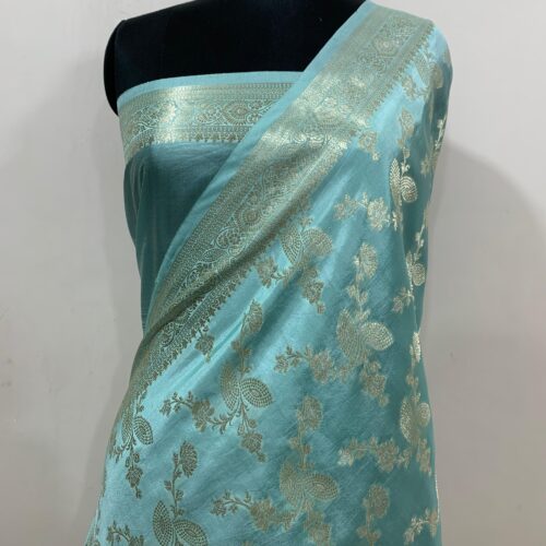 Sea Green Shade Jaal Design Pure Dupian Silk Saree - Image 4