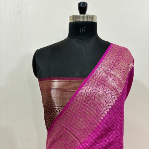 Small Check Design In Pink Color Banarasi Art Silk Saree