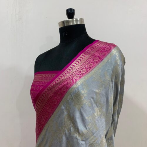 Grey Shade Satin Silk Saree with Jaal Pattern - Image 3