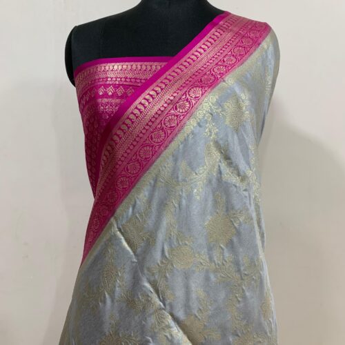 Grey Shade Satin Silk Saree with Jaal Pattern - Image 4