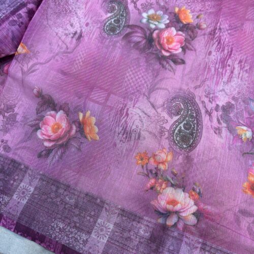 Flower Pattern Printed Saree in Purple Color - Image 3