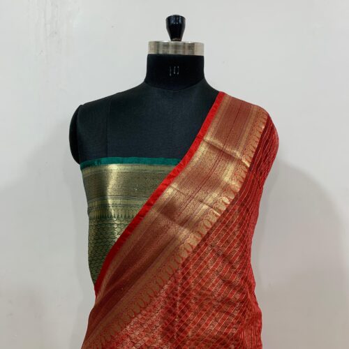 Stripe Pattern Warm Silk Saree in Red Shade